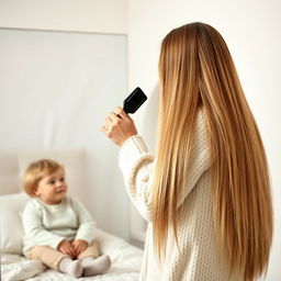 A woman in her forties standing in front of a mirror, with long, extremely smooth hair flowing down freely