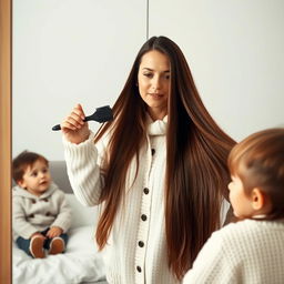 A woman in her forties standing in front of a mirror, with long, extremely smooth hair flowing down freely