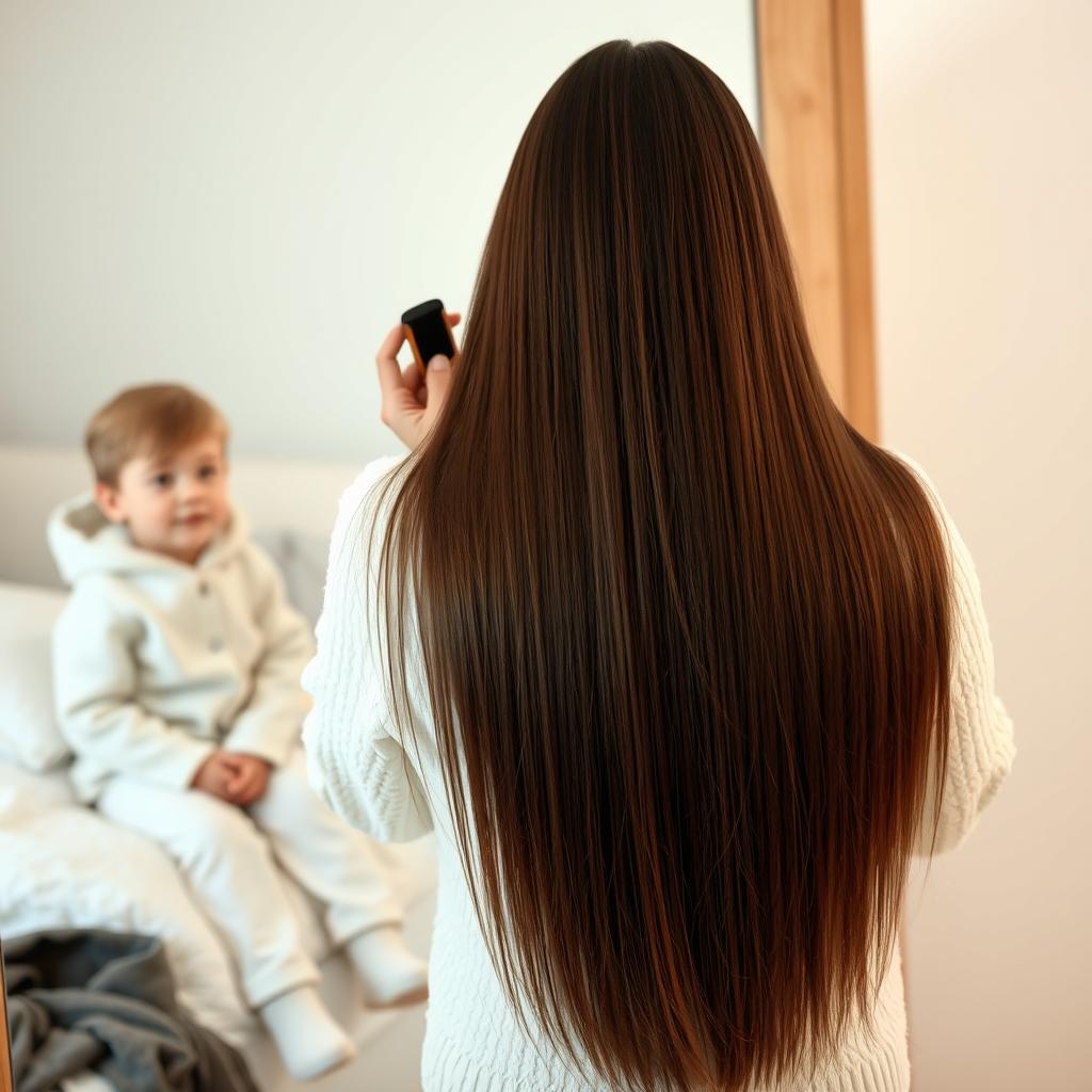 A woman in her forties standing in front of a mirror, with long, extremely smooth hair flowing down freely