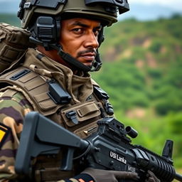 A Sri Lankan soldier equipped with modern military gear, showcasing high-tech equipment such as a tactical vest, helmet with advanced optics, and radio communications gear