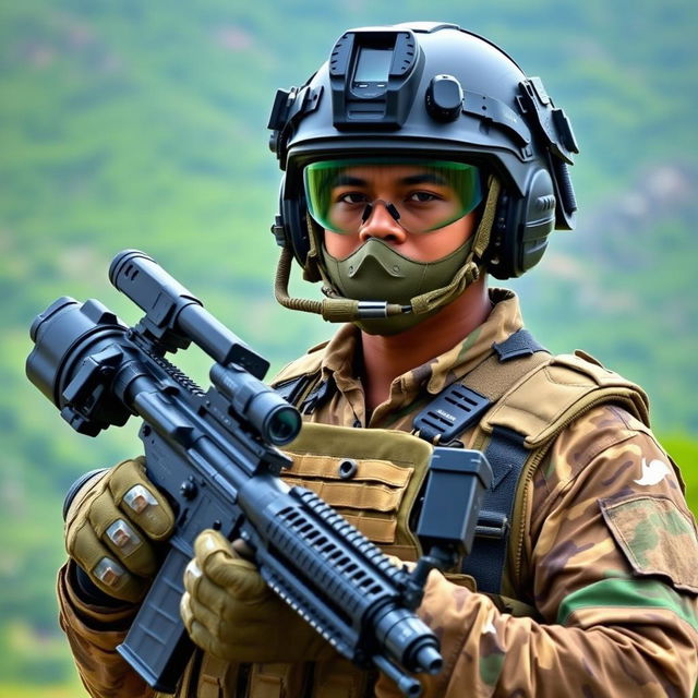 A Sri Lankan soldier equipped with modern military gear, showcasing high-tech equipment such as a tactical vest, helmet with advanced optics, and radio communications gear