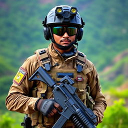 A Sri Lankan soldier equipped with modern military gear, showcasing high-tech equipment such as a tactical vest, helmet with advanced optics, and radio communications gear