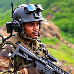 A Sri Lankan soldier equipped with modern military gear, showcasing high-tech equipment such as a tactical vest, helmet with advanced optics, and radio communications gear