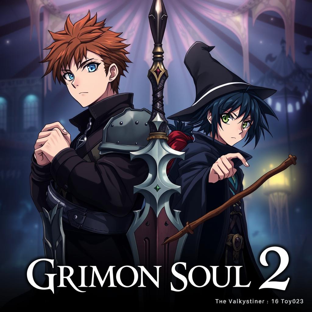 An anime cover titled "Grimon Soul 2" featuring a dark fantasy theme with three serious 16-year-old boys