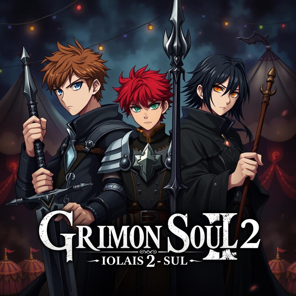 An anime cover titled "Grimon Soul 2" featuring a dark fantasy theme with three serious 16-year-old boys