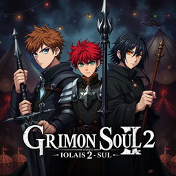 An anime cover titled "Grimon Soul 2" featuring a dark fantasy theme with three serious 16-year-old boys