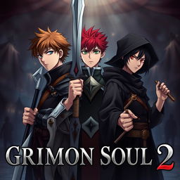 An anime cover titled "Grimon Soul 2" featuring a dark fantasy theme with three serious 16-year-old boys