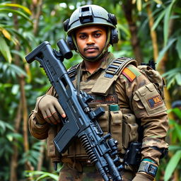 A Sri Lankan soldier dressed in modern military gear, showcasing advanced equipment