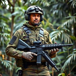 A Sri Lankan soldier dressed in modern military gear, showcasing advanced equipment