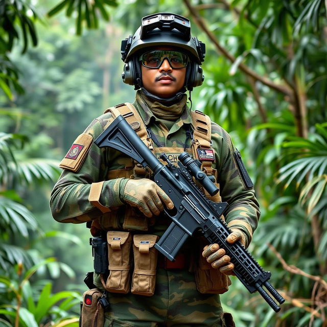 A Sri Lankan soldier dressed in modern military gear, showcasing advanced equipment