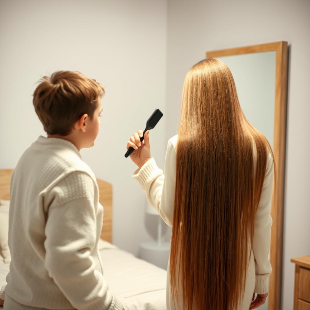 A woman in her forties standing in front of a mirror, with long, incredibly smooth hair flowing down freely