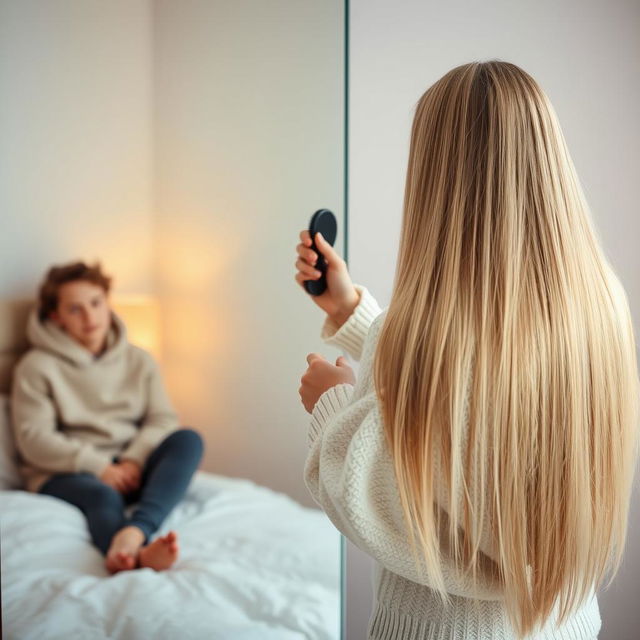 A woman in her forties standing in front of a mirror, with long, incredibly smooth hair flowing down freely