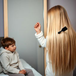 A woman in her forties standing in front of a mirror, with long, incredibly smooth hair flowing down freely