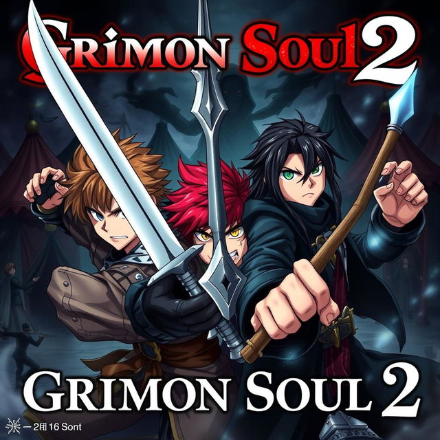 An anime cover titled "Grimon Soul 2" featuring a dark fantasy theme with three 16-year-old boys engaged in an intense battle, their expressions filled with anger and determination