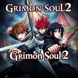 An anime cover titled "Grimon Soul 2" featuring a dark fantasy theme with three 16-year-old boys engaged in an intense battle, their expressions filled with anger and determination