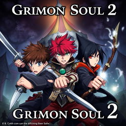 An anime cover titled "Grimon Soul 2" featuring a dark fantasy theme with three 16-year-old boys engaged in an intense battle, their expressions filled with anger and determination