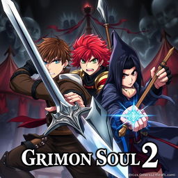 An anime cover titled "Grimon Soul 2" featuring a dark fantasy theme with three 16-year-old boys engaged in an intense battle, their expressions filled with anger and determination