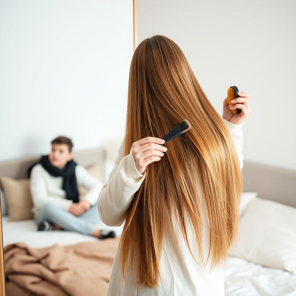 A woman in her forties standing in front of a mirror, with long, very smooth hair flowing down freely