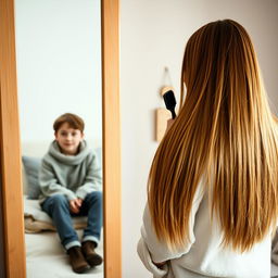 A woman in her forties standing in front of a mirror, with long, very smooth hair flowing down freely