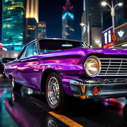 A stunning 1964 Ford Fairlane displayed in a captivating metallic purple finish