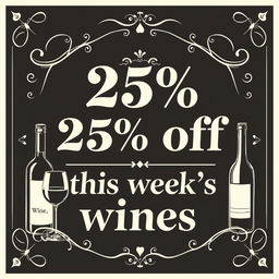 A vintage-style black and white poster for a wine shop, featuring elegant typography that prominently displays '25% off this week's wines'