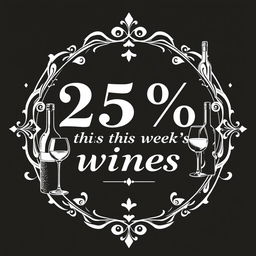 A vintage-style black and white poster for a wine shop, featuring elegant typography that prominently displays '25% off this week's wines'