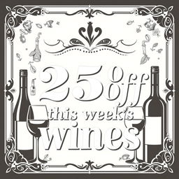 A vintage-style black and white poster for a wine shop, featuring elegant typography that prominently displays '25% off this week's wines'