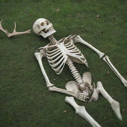 A detailed, realistic image of a human skeleton peacefully resting on a deer skeleton, both set upon a lush green bed of grass.