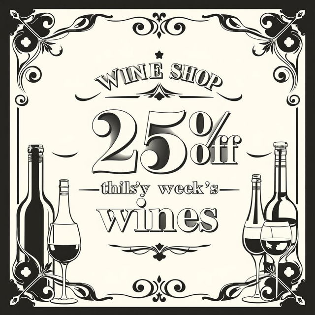 A vintage-style black and white poster for a wine shop, featuring elegant typography that prominently displays '25% off this week's wines'