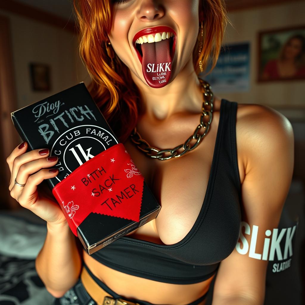 A close-up shot focusing on the chest and torso of a gorgeous female redhead, wearing a fitted tank top adorned with punk chains