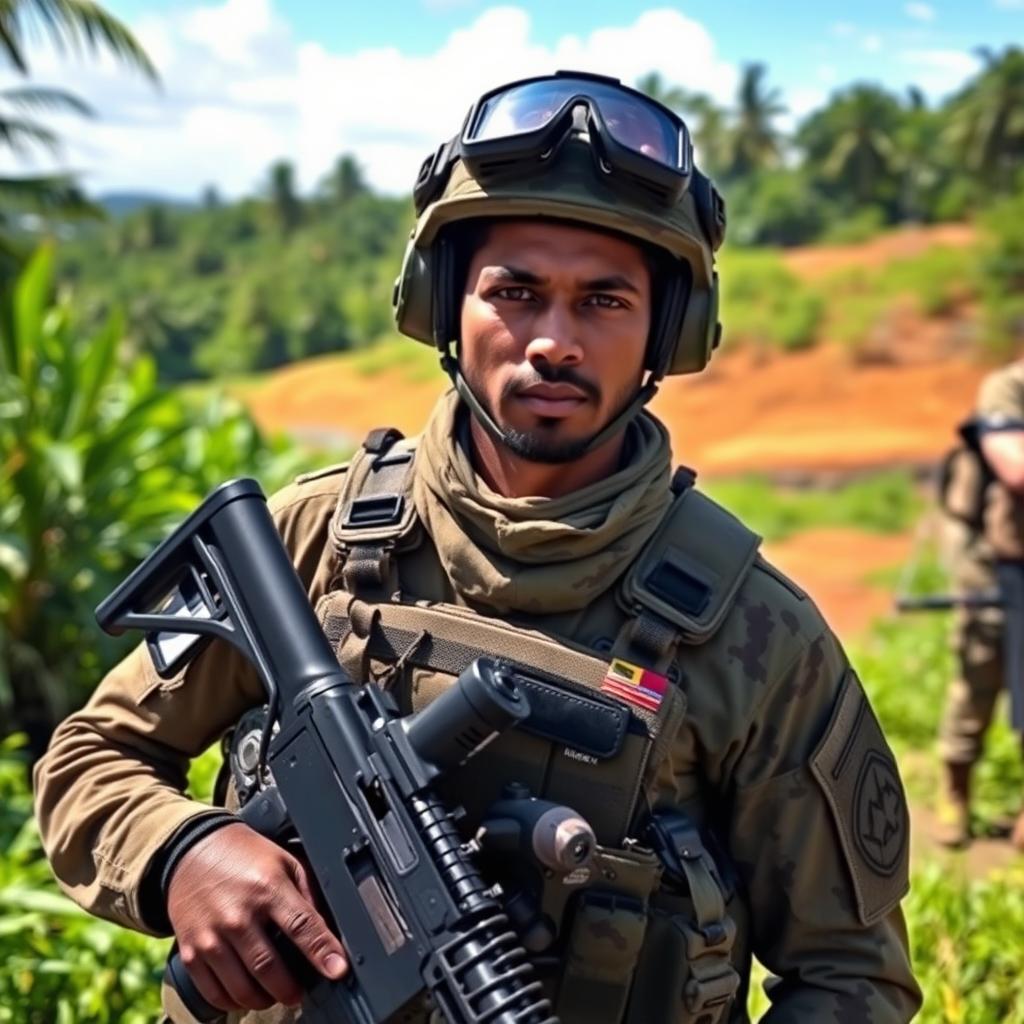 A modern Sri Lankan soldier dressed in tactical combat gear, equipped with advanced military gadgets and accessories