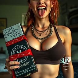 A close-up shot focusing on the chest and torso of a gorgeous female redhead, wearing a fitted tank top adorned with punk chains