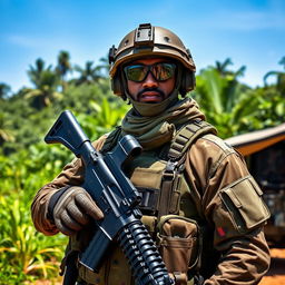 A modern Sri Lankan soldier dressed in tactical combat gear, equipped with advanced military gadgets and accessories