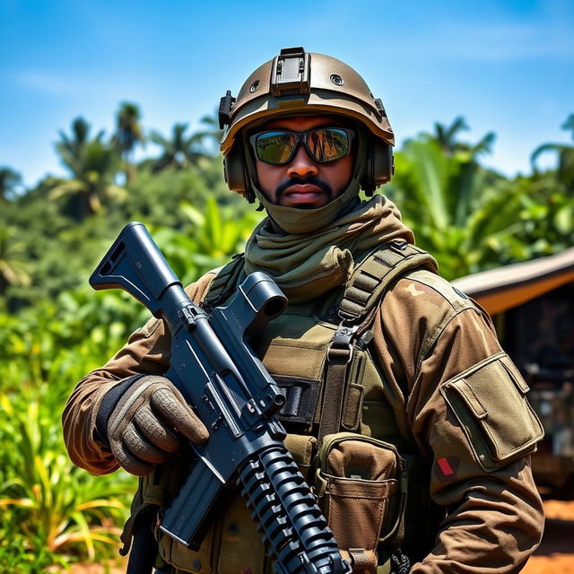 A modern Sri Lankan soldier dressed in tactical combat gear, equipped with advanced military gadgets and accessories