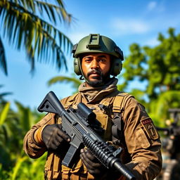 A modern Sri Lankan soldier dressed in tactical combat gear, equipped with advanced military gadgets and accessories