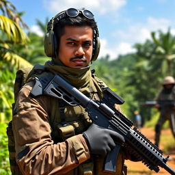 A modern Sri Lankan soldier dressed in tactical combat gear, equipped with advanced military gadgets and accessories