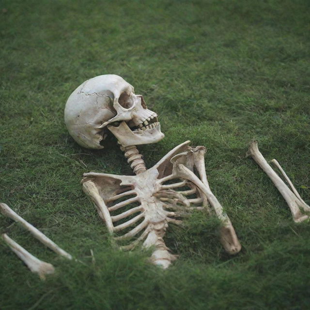 A detailed, realistic image of a human skeleton peacefully resting on a deer skeleton, both set upon a lush green bed of grass.