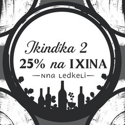 A stylish black and white poster for a wine cellar, featuring elegant typography that reads 'Скидка 25% на Вина недели' in an appealing font