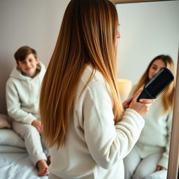 A woman in her forties standing in front of a mirror, with long, incredibly smooth hair cascading down freely