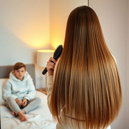 A woman in her forties standing in front of a mirror, with long, incredibly smooth hair cascading down freely