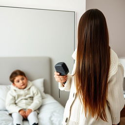 A woman in her forties standing in front of a mirror, with long, incredibly smooth hair cascading down freely