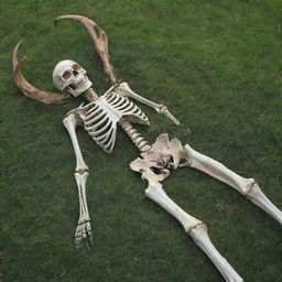 A detailed, realistic image of a human skeleton peacefully resting on a deer skeleton, both set upon a lush green bed of grass.