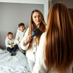 A woman in her forties standing in front of a mirror, with long, incredibly smooth hair cascading down freely