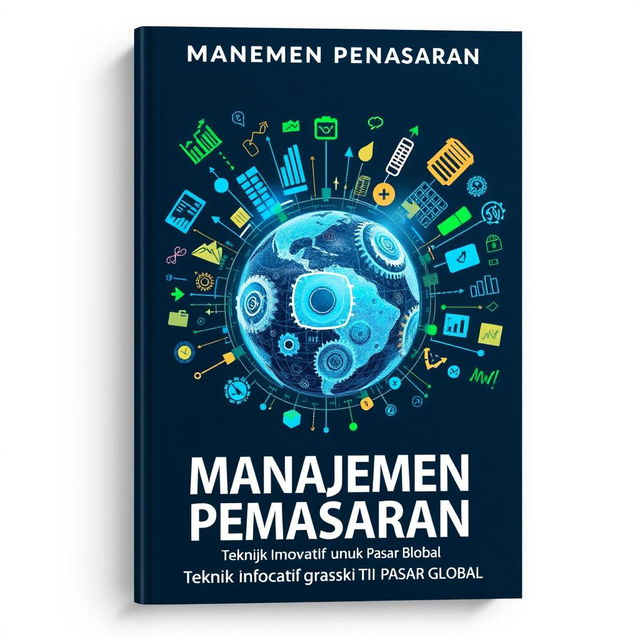 A visually striking book cover design for a marketing management book titled 'Manajemen Pemasaran: Teknik Inovatif untuk Menghadapi Pasar Global'