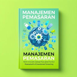 A visually striking book cover design for a marketing management book titled 'Manajemen Pemasaran: Teknik Inovatif untuk Menghadapi Pasar Global'