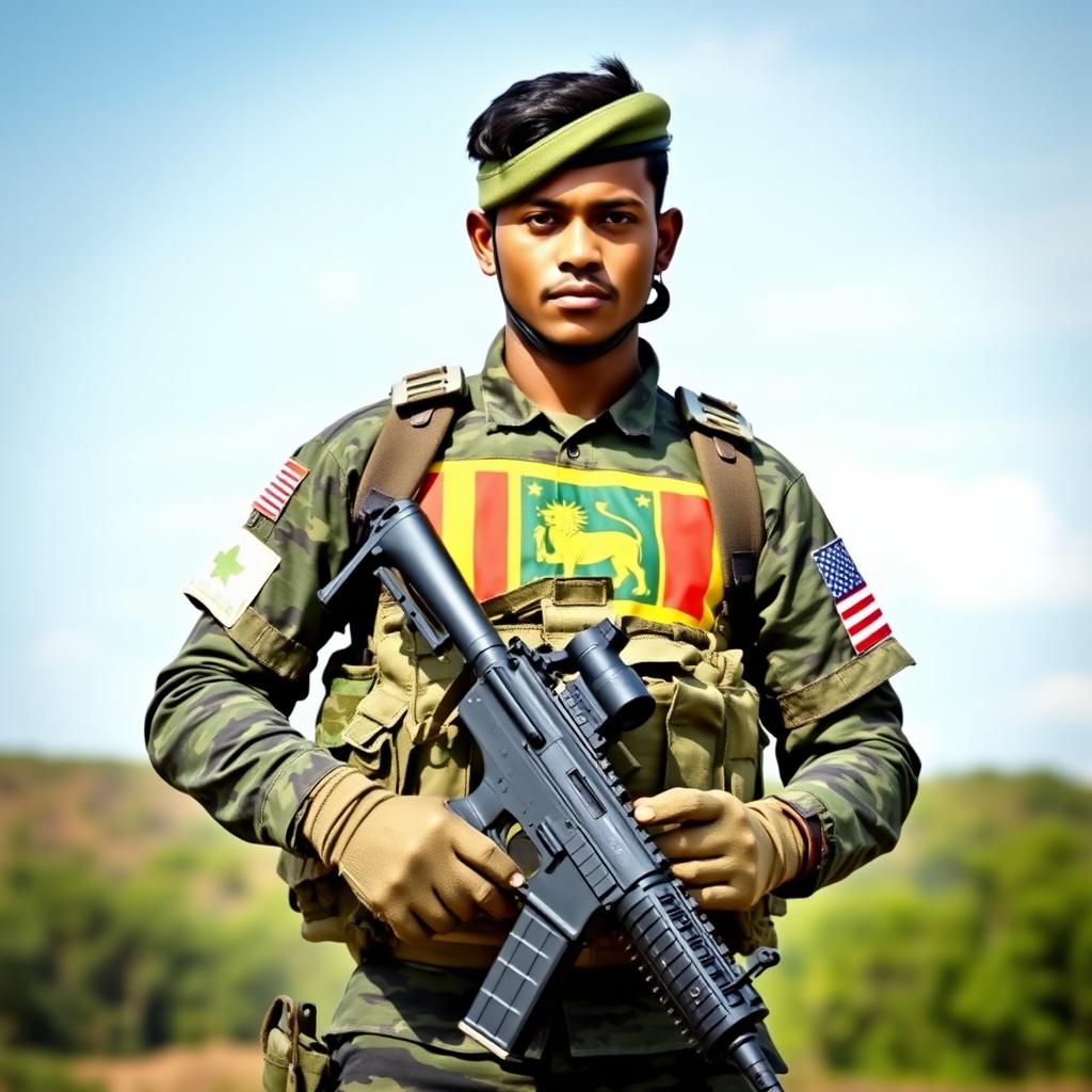 A Sri Lankan soldier dressed in a modern military uniform prominently featuring the Sri Lankan flag