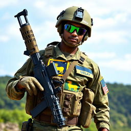 A Sri Lankan soldier dressed in a modern military uniform prominently featuring the Sri Lankan flag