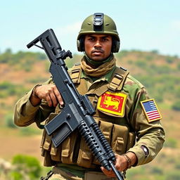 A Sri Lankan soldier dressed in a modern military uniform prominently featuring the Sri Lankan flag