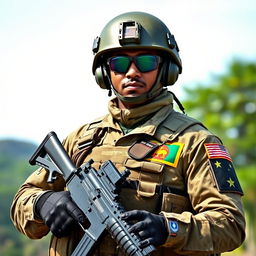 A Sri Lankan soldier dressed in a modern military uniform prominently featuring the Sri Lankan flag