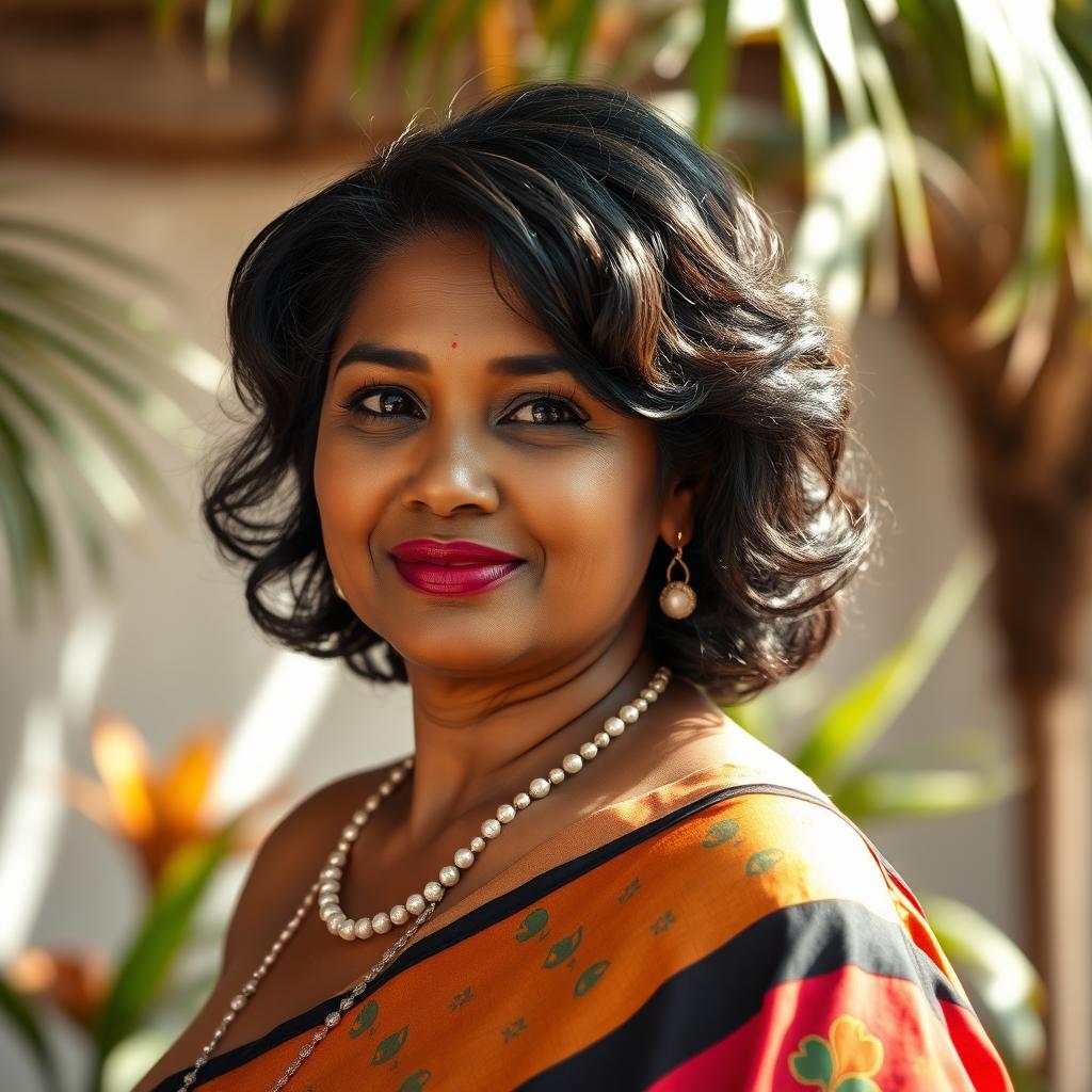 A portrait of a mature, curvy, and beautiful Sri Lankan woman, showcasing her graceful features and confident demeanor